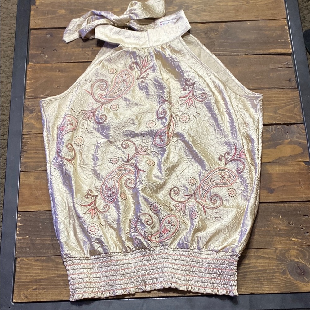 Soulmates Halter Blouse Gold, Pink, Brown Embellished Floral Pattern & Tie Neck